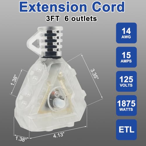 3FT 14 3 Outdoor Extension Cord with 6 Outlets 14 Gauge Light Heavy Duty Multiple Outlets 3 Prong Grounded Power Cord 14AWG 15A 125V 1875W Waterproof ETL Listed for Garden Garage Workshop
