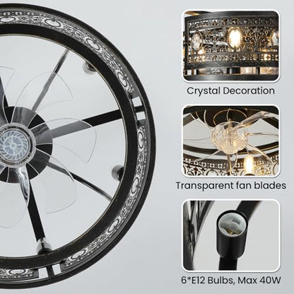 Farmhouse Fandelier Ceiling Fan with Lights 19 Inch Black Rustic Vintage Crystal Ceiling Fan Antique Fandelier Semi Flush Mount Bladeless Chandelier Fan for Bedroom Living Room Dining Room (Black / Downrod)