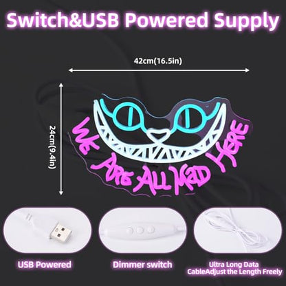 Cheshire Cat Neon Sign for Wall Decor Alice In Wonderland Neon Light We're All Mad Here LED Sings for Bedroom Man Cave Party Bar Background Decoration Birthday Gifts