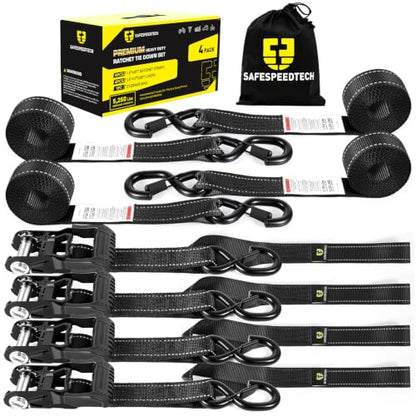 Ratchet Straps Tie Downs 4Pack 1.5" x 8ft 5250lb Heavy Duty Ratchet Straps (Black / 5250 LB - 8Ft)