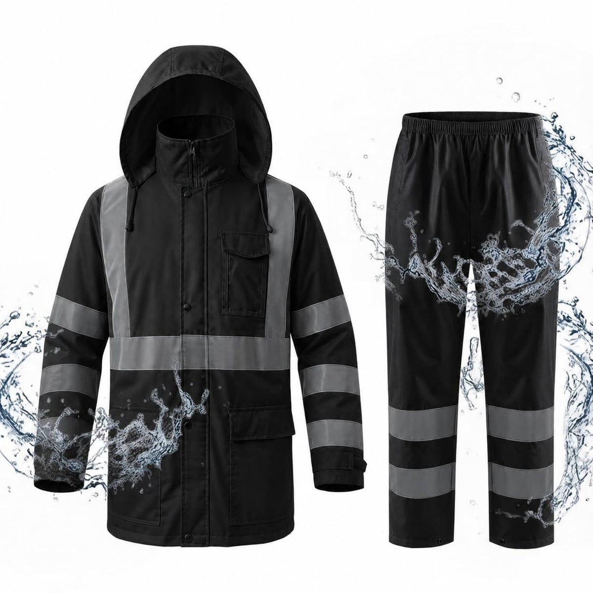 High Vis Safety Rain Jackets and Pants for Men Women (Black / Large)