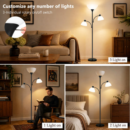 72" 3 Head Torchiere Floor Lamps with 2 Reading Lamp for Living Room (Black)