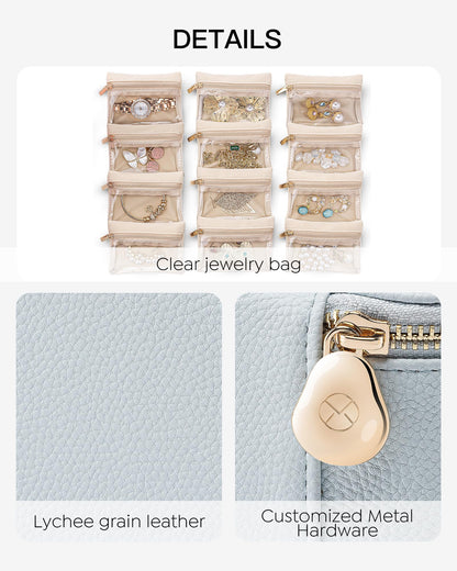 Jewelry Storage Case with 12 Clear Velvet Zipper Pouches (D.12 PCS Baby Blue)