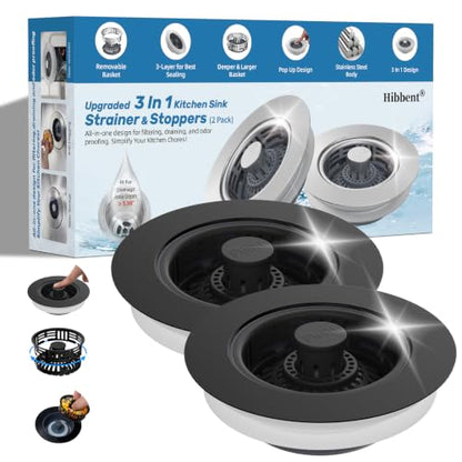2 Pack 3 in 1 Kitchen Sink Drain Strainer (Black)