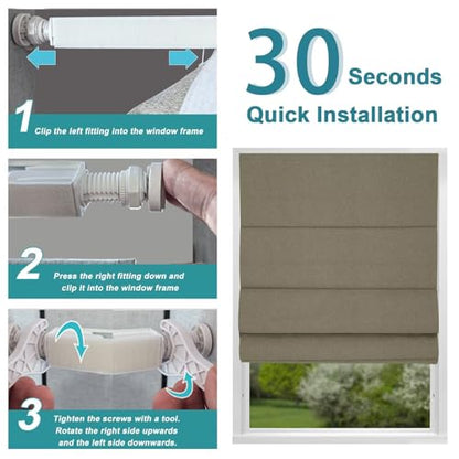 No Drill Roman Shades Cordless Blinds Blackout for Indoor Windows (Brown / 31.5"W x 64"H)