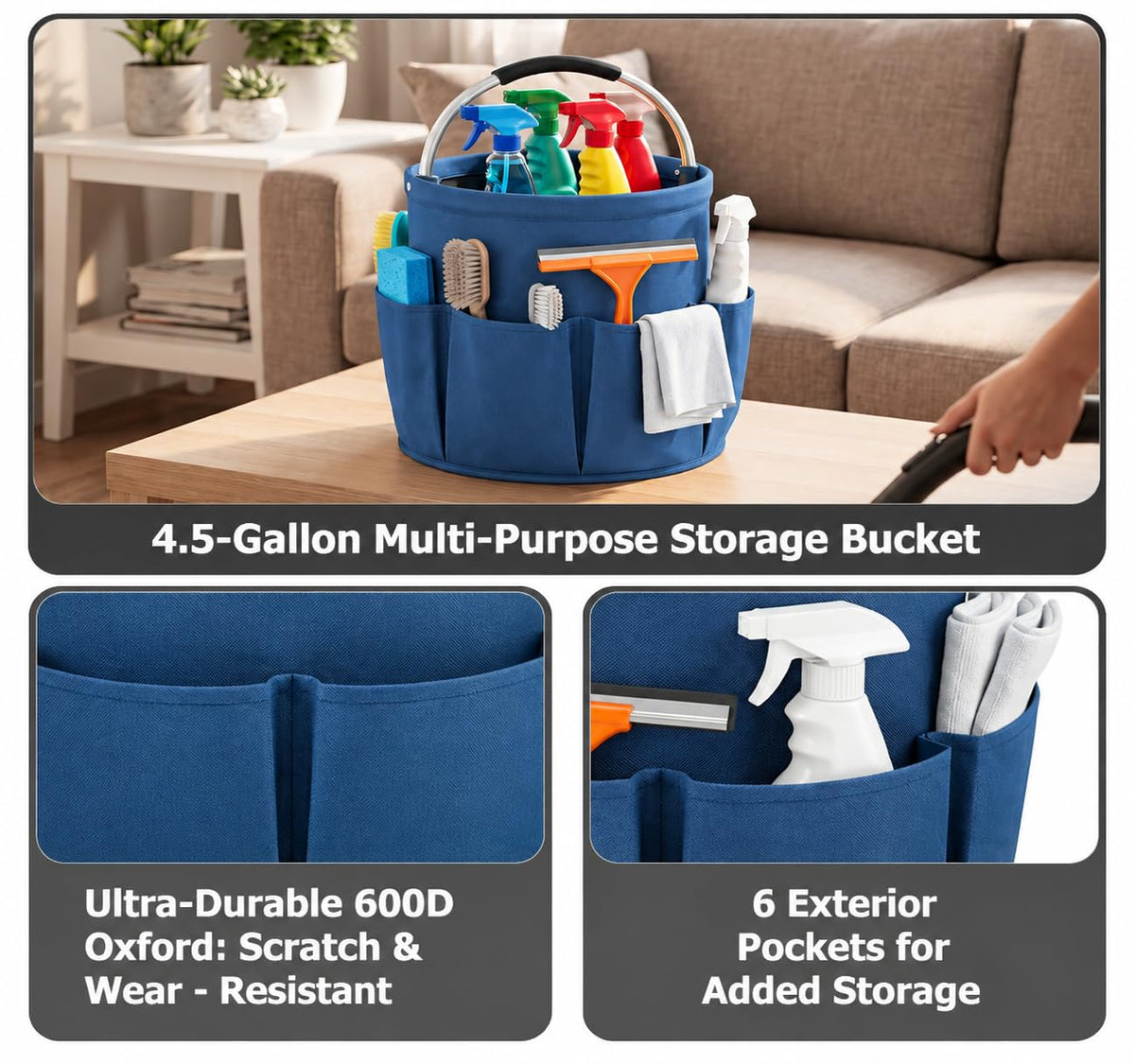 Foldable 4.5Gallon Cleaning Caddy Organizer with 6 Pockets (Blue)
