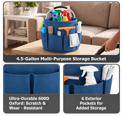 Foldable 4.5Gallon Cleaning Caddy Organizer with 6 Pockets (Blue)