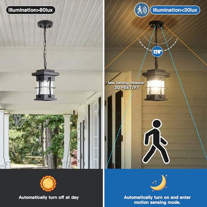 Outdoor Pendant Light Black Mission Style Hanging Lantern with Seeded Glass Waterproof Outdoor Ceiling Mount Light