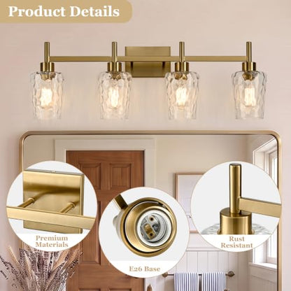 4 Light Bathroom Vanity Light Modern with Hammered Glass Shade (Gold / 4 Lights)