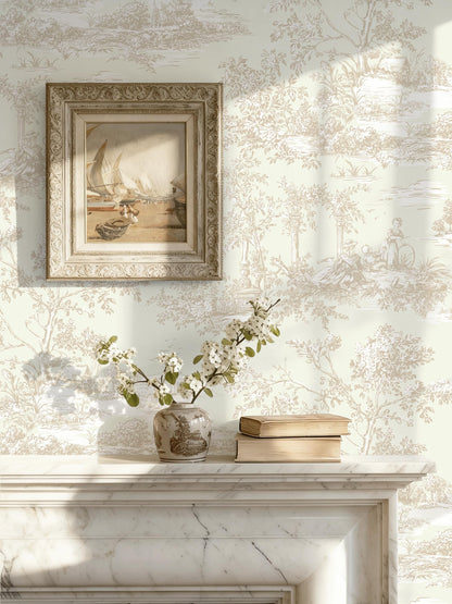 Peel and Stick Wallpaper Vintage Beige and Cream Neutral Wallpaper Toile Removable Self (Beige / 17.3" x 196.8")