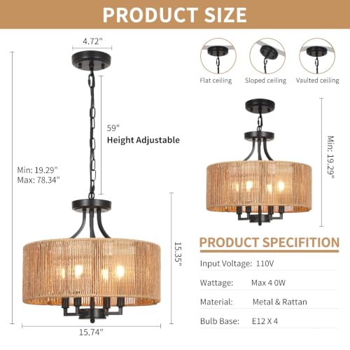 2-in-1 Convertible Rattan Boho Chandelier Pendant Light Fixture for Dining Room Bedroom Living Room