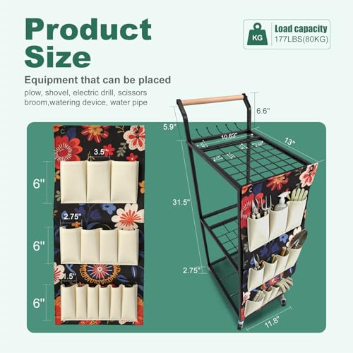 Garden Tool Organizer with Wheels 3 Tier Yard Tool Organizer Rack with Side Storage Pockets Sturdy Metal Steel Holder with 6 Hooks for Garage