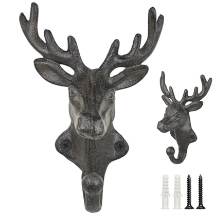 Rustic Deer Head Cast Iron Wall Hooks 2 Pack