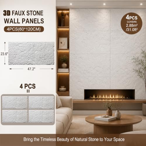 4 PCS Faux Stone Wall Panel 47.2’’ x 23.6’’ Interior Exterior Wall Decor 3D PU Panel