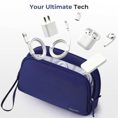Electronics Travel Organizer 9 Compartment Dual Layer Tech Pouch Lightweight Water Resistant Travel Cable Organizer Bag for Chargers Cords Phone Power Bank Tech Essentials and Daily Items (Blue / L)