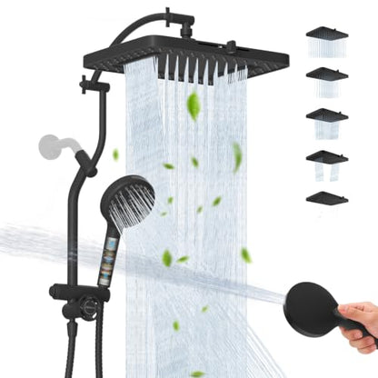 13" Rainfall Shower Head with 5 Spray Modes with Extra Height 12" Shower Arm