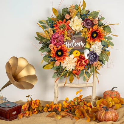 Artificial Harvest Fall Wreaths for Front Door 24 Inch Autumn Wreath (Fall Welcome Wreath)