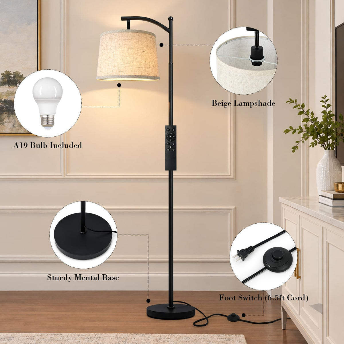 Arc Floor Lamp Standing Lamps with Remote (Black-Remote Control)