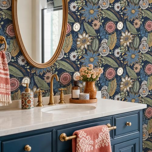 Vintage Dark Blue Boho Floral Peel and Stick Wallpaper 17.4"x118" (Blue with Pink / 17.4" x 118")