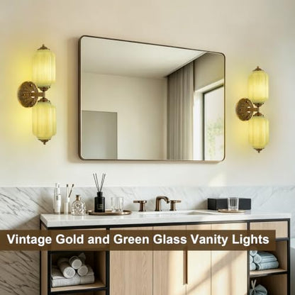 Green Glass Vintage Bathroom Vanity Light (Retro Gold & Green 1 Pack)