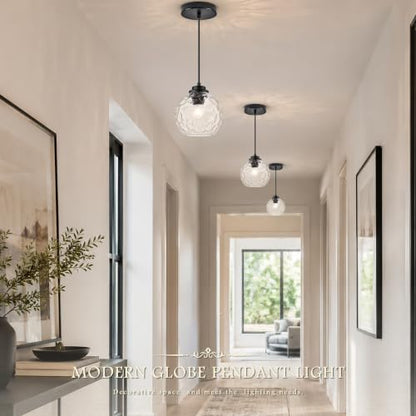 6" Modern Pendant Lights Kitchen Island Black Mid Century Modern Pendant Light Fixtures with Clear Glass Globe Modern Hanging Pendant Light for Bathroom Dining Room （Bulb Incl.） (Black & Hammered Glass / 6 Inch)