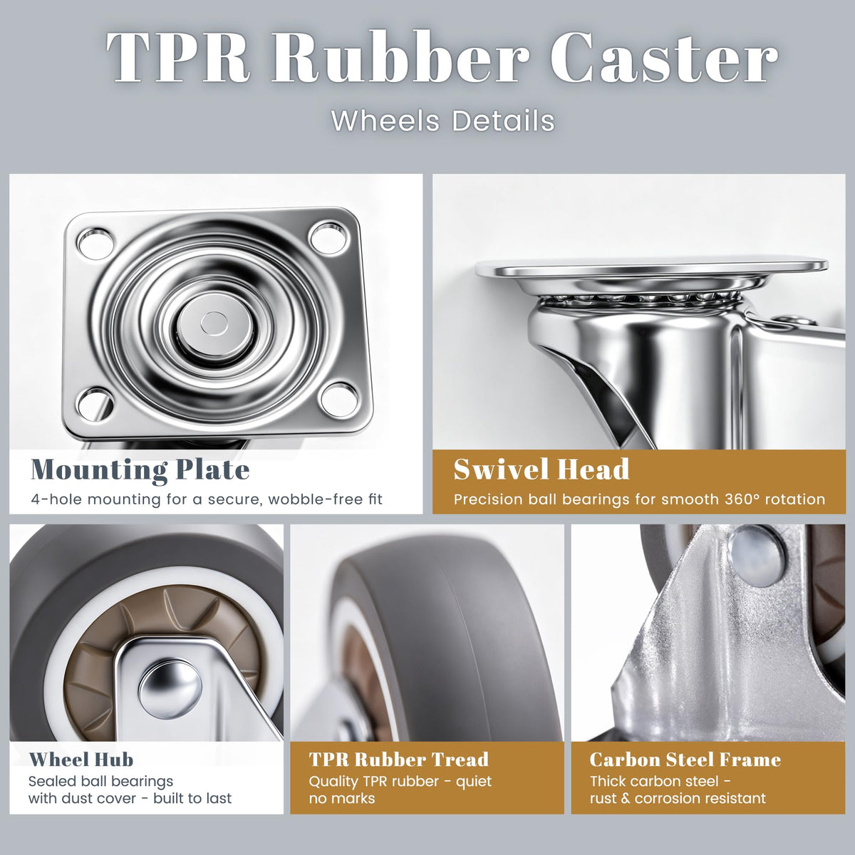 1" Silent Rubber 360 Degree Swivel Plate Casters (1" (no brake))