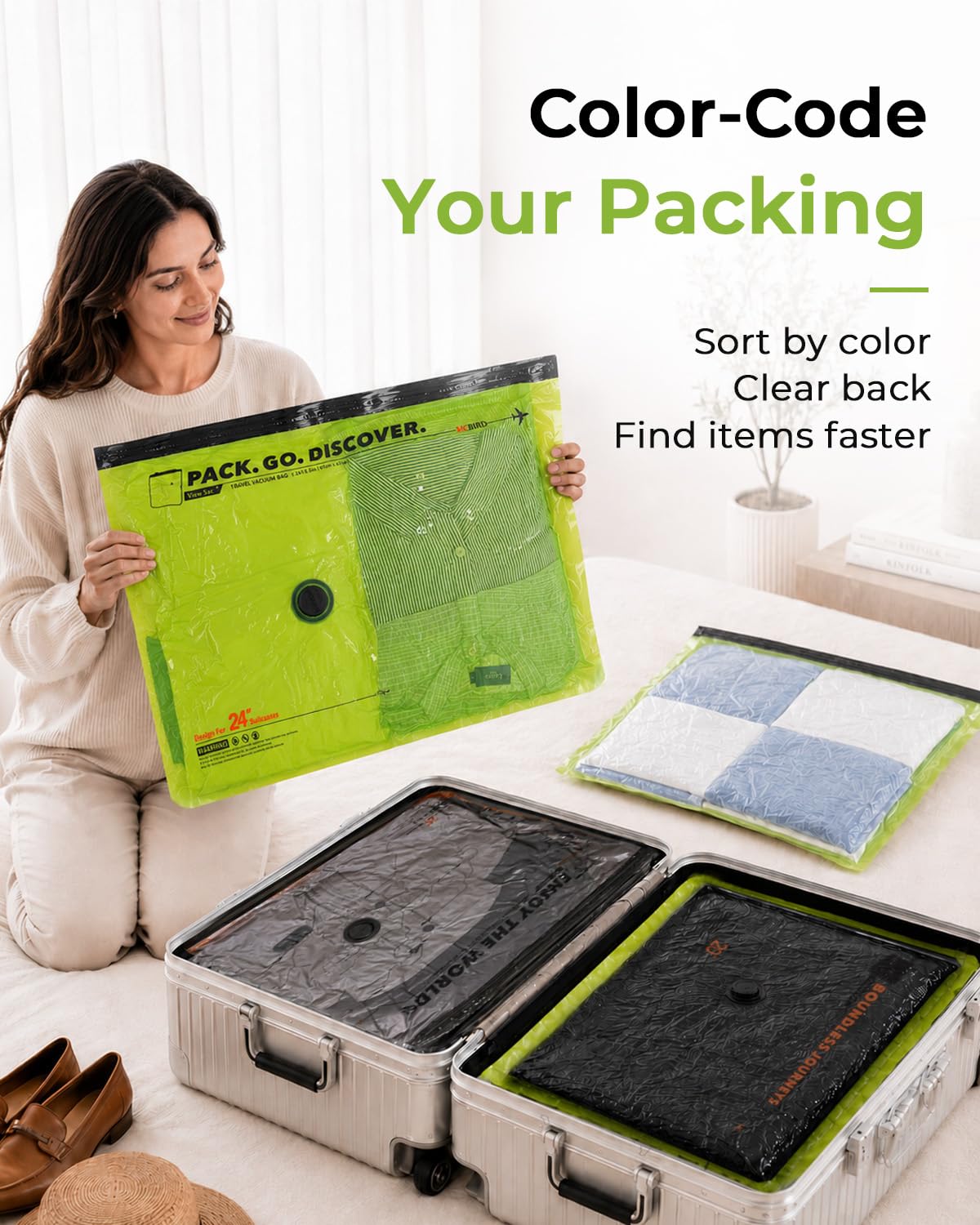 Color Coded Travel Vacuum Bags with Hand Pump