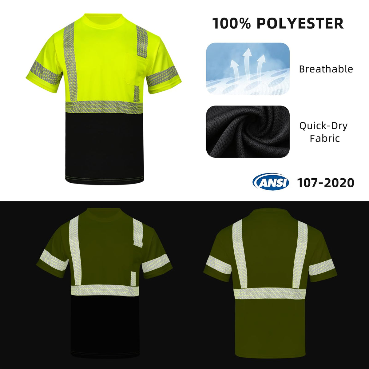 High Visibility Safety Reflective T Shirts for Men (XX-Large / Yellow+black)