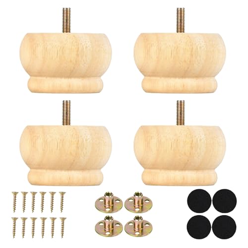 2 Inch Round Furniture Legs Natural Wood Bun Feet Set of 4