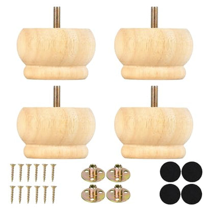 2 Inch Round Furniture Legs Natural Wood Bun Feet Set of 4