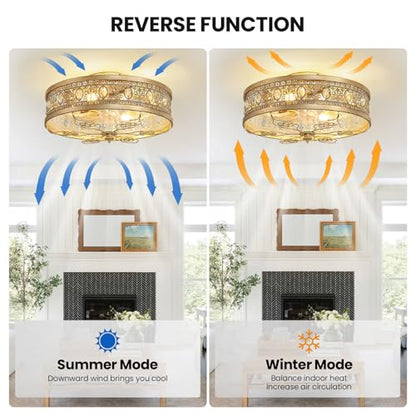 Caged Ceiling Fan with Lights 19" Gold Vintage Rustic Crystal Fandelier Farmhouse Ceiling Fan with Remote Low Profile Bladeless Chandelier Fan Light Fixture for Bedroom Kitchen Living Room (Gold / Flush Mount)