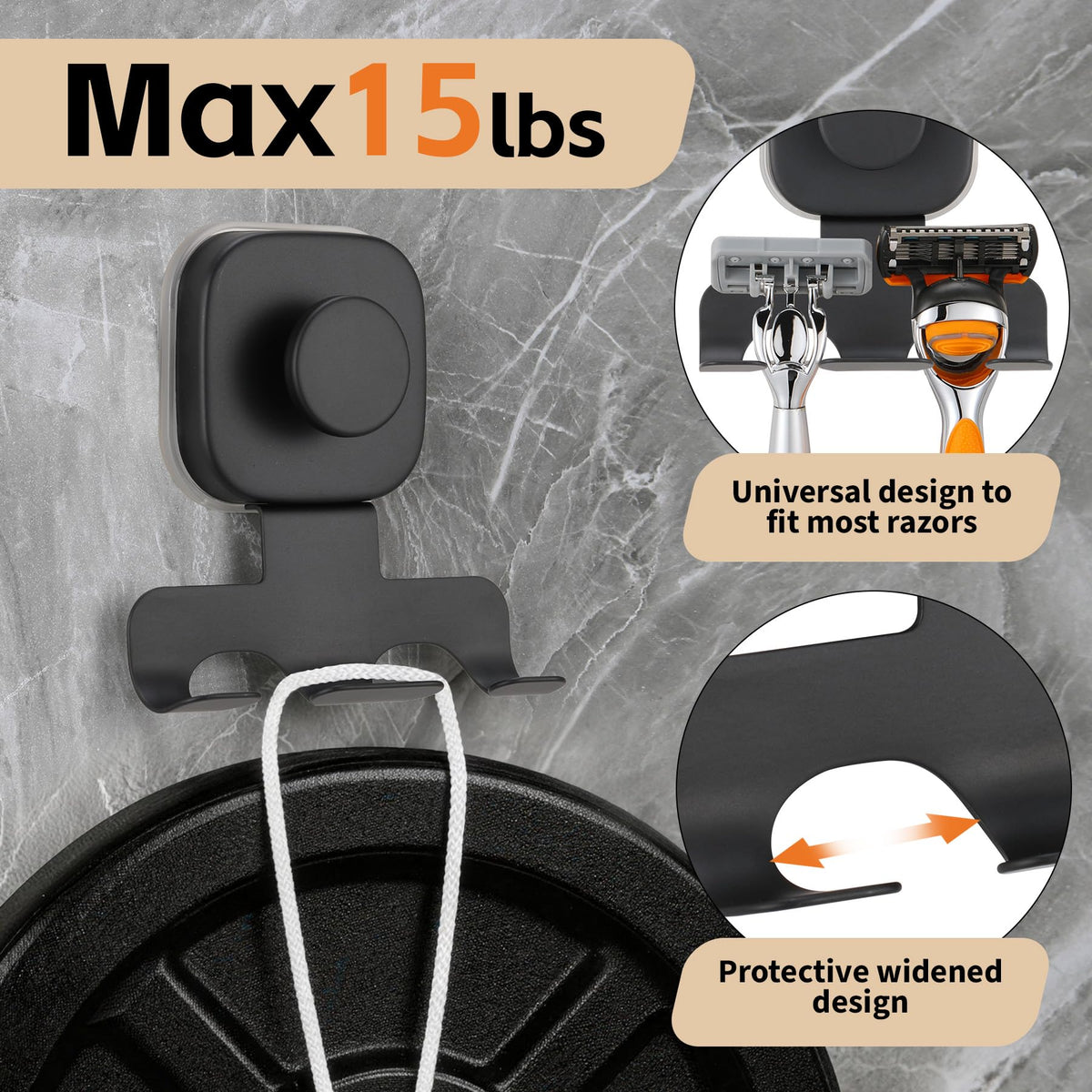 Suction Cup Razor Holder for Shower; Stainless Steel Shaver Hook (Matte Black)