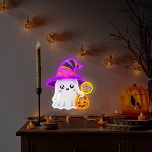 Halloween Ghost Neon Sign Dimmable Cute Witch Hat Ghost Led Neon Light (Colorful-Witch)