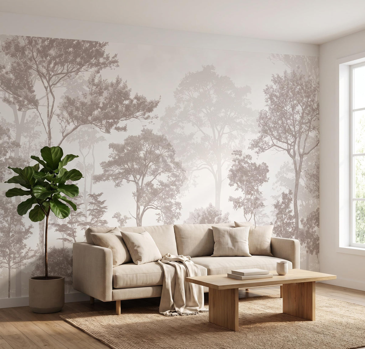 Neutral Forest Wallpaper Soft Beige Woodland Landscape Mural (Sa Mural 14 / 96" x 96")