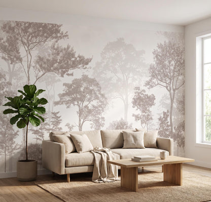Neutral Forest Wallpaper Soft Beige Woodland Landscape Mural (Sa Mural 14 / 96" x 96")