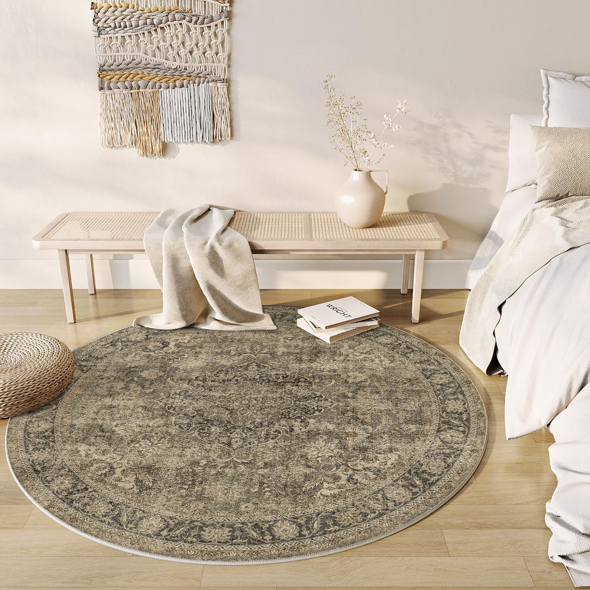 6x6 Washable Round Rug Brown Vintage Rug for Living Room (Brown/Black / 6' (Round))