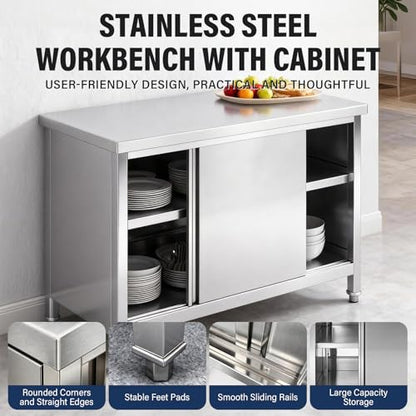 Commercial Grade Backless Stainless Steel Worktable with Cabinet
