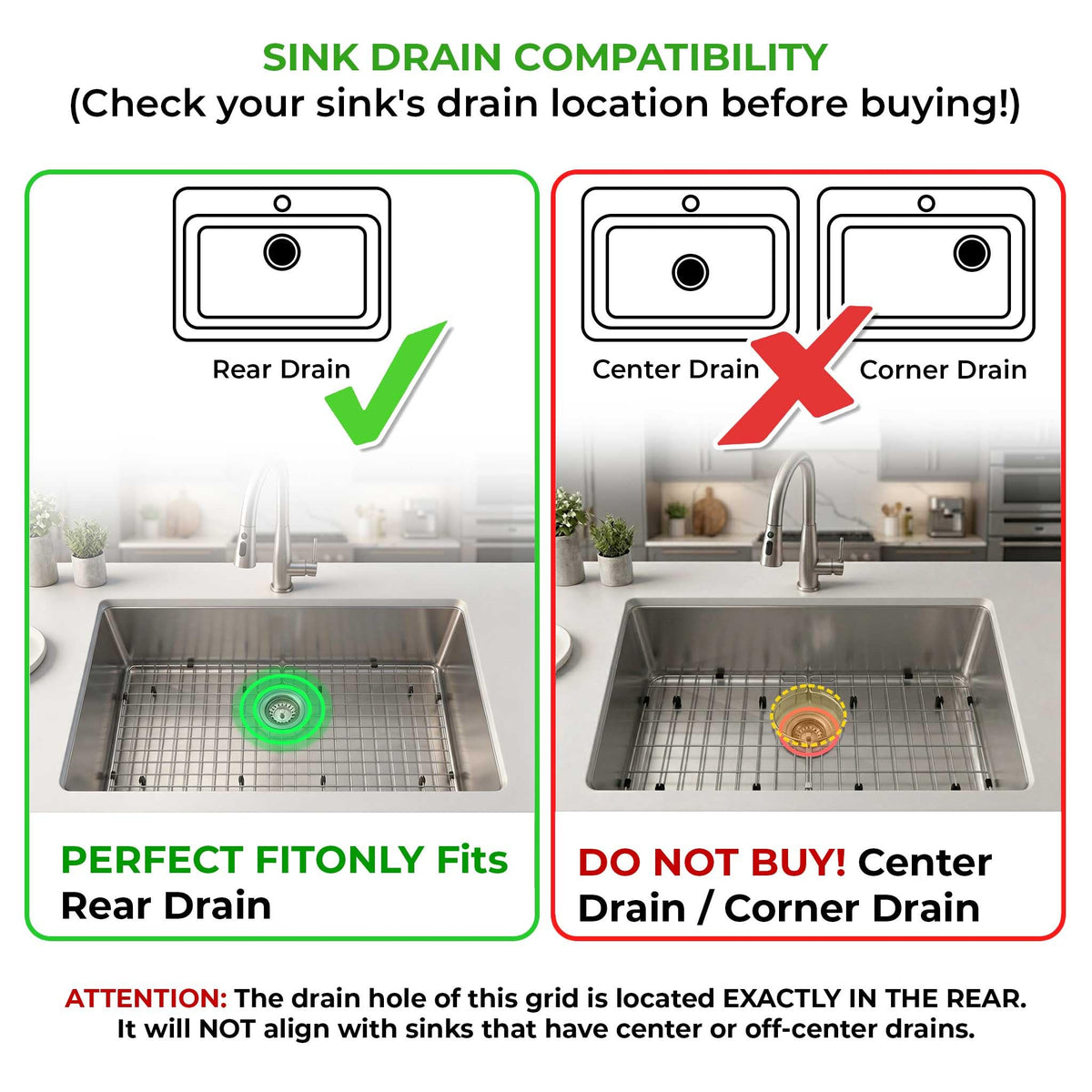 30" x 16" Stainless Steel Sink Grid Bottom Protector Rack (30" x 16" Rear Drain)