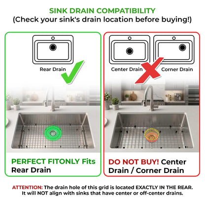 30" x 16" Stainless Steel Sink Grid Bottom Protector Rack (30" x 16" Rear Drain)