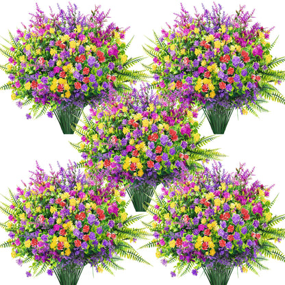 24 Bundles Artificial Flowers Bulk for Outdoors UV Resistant Fake Flowers Spring for Garden Patio Porch Farmhouse Home Window Box Decor（Colourful） (Multi-color)