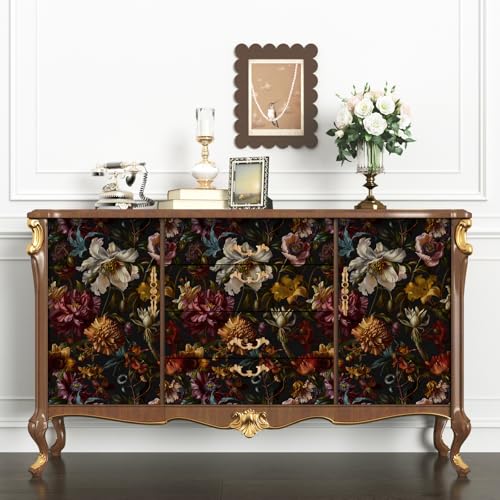 Vintage Black Boho Gothic Floral Peel and Stick Wallpaper 17.4"x118" (Black/Dark Yellow / 17.4" x 118")