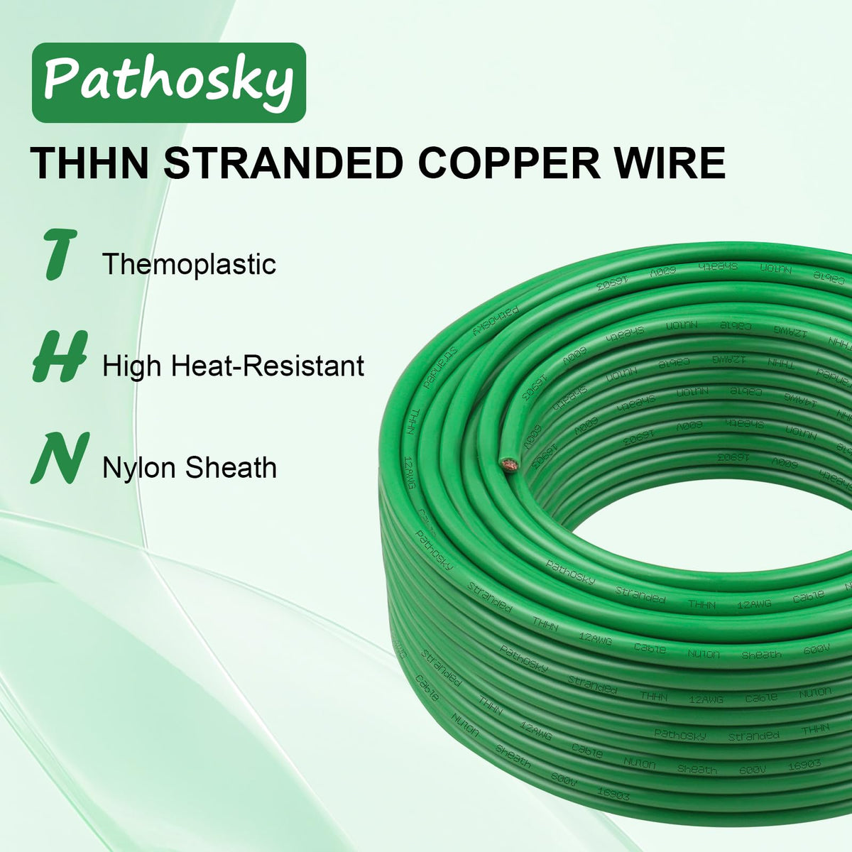 THHN Wire 12 Gauge 15FT Stranded Copper Electrical Building Wire 600V with Nylon Sheath & PVC Insulation (Green / 12AWG 15FT)