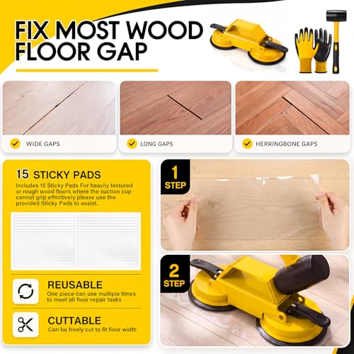 Floor Gap Fixer Tool Heavy Duty 45°Striking Surface Floor Gap Repair Tool Kit Iron Reinforced Suction Cup with Hammer Gloves and Sticky Pads for for Closing Gaps (Yellow)