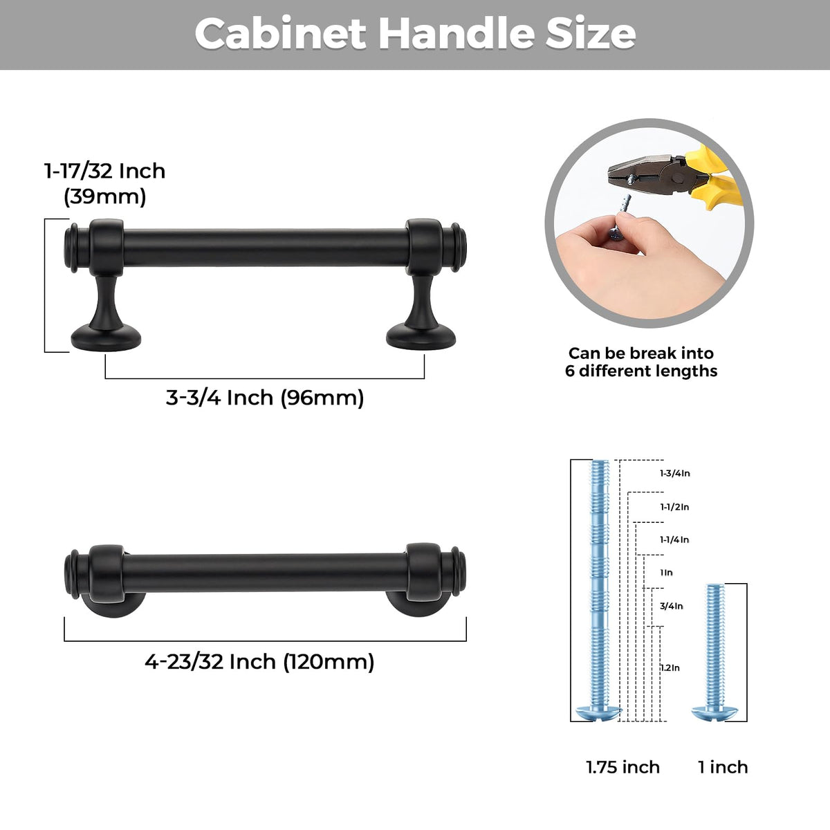 2 Pack Black Cabinet Handles (Black / 3-3/4 Inch Hole Centers)