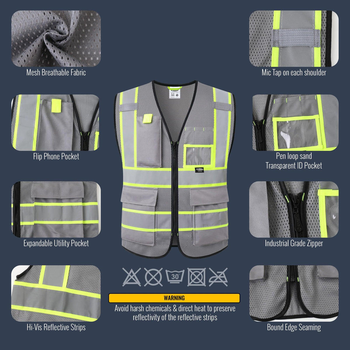 Safety Vest for Men Women Hi Vis Vest with Pockets and Zipper High Visibility Reflective Safety Vests Meet ANSI Standard Grey Color Extended Yellow Strips (Grey / XX-Large)