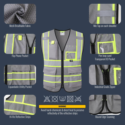 Safety Vest for Men Women Hi Vis Vest with Pockets and Zipper High Visibility Reflective Safety Vests Meet ANSI Standard Grey Color Extended Yellow Strips (Grey / XX-Large)
