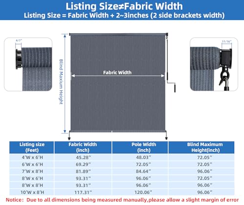 Outdoor Roller Shade 8'W x 6'H (Blue Gray / 96"W x 72"H)