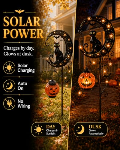 Halloween Garden Decorations Solar Cat Garden Lights Stake Outdoor Lantern Pumpkin Moon Yard Black Cat Waterproof Night Decor Holiday Jack Star LED Pathway Lawn Porch