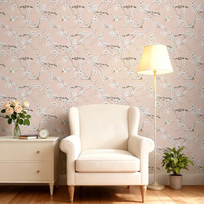 Pink Crane Wallpaper Peel and Stick Japanese Cherry Blossom Wallpaper Vintage Asian Bird Flying Crane Contact Paper Self Adhesive
