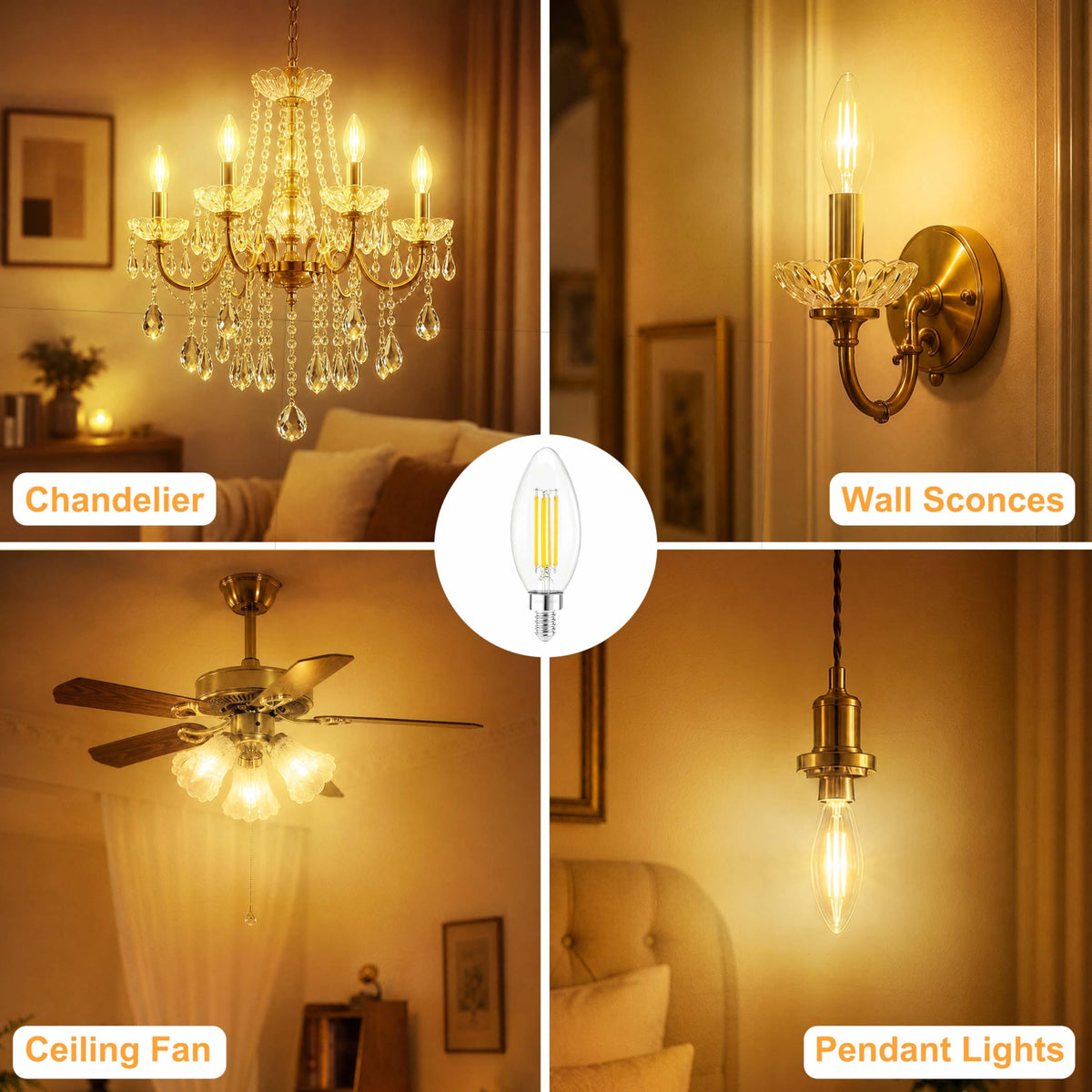 E12 Candelabra Bulb 40 Watt Dimmable Clear Chandelier Light Bulb (Clear-4w-6 Pack)